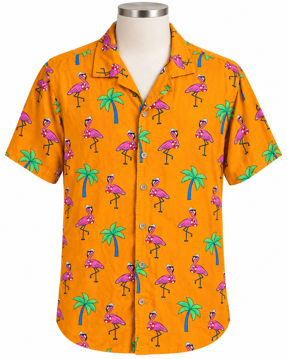 VACAY SPIRIT Men's Orange Flamingo Print Camp Hawaiian Shirt SIZE LARGE